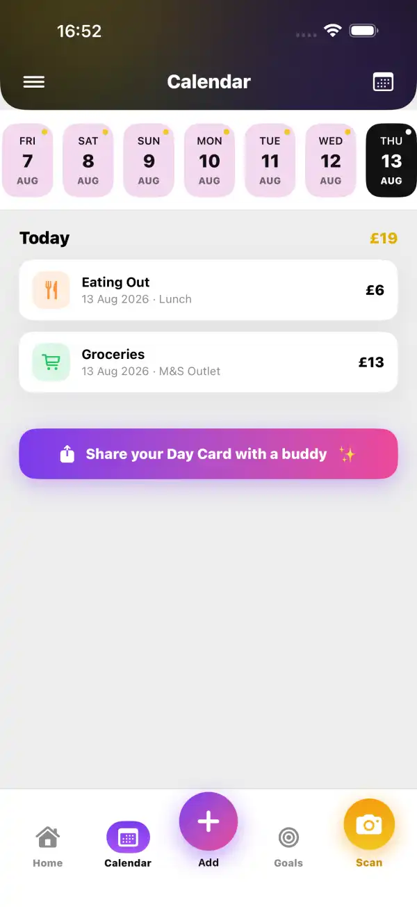 MyTab spending calendar